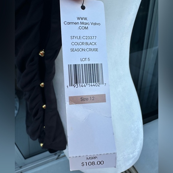 Carmen Marc Valvo Black Ruched One Piece Swimsuit Size 12 NWT Gold Button Detail - Picture 2 of 7